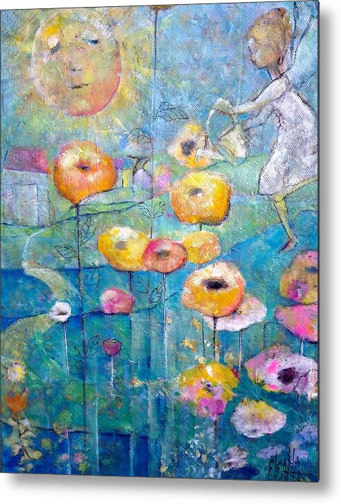 Yellow Poppies Metal Print featuring the painting She Who Waters by Eleatta Diver