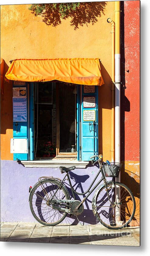 Burano Metal Print featuring the photograph Bicycle in front of colorful house - Burano - Venice by Matteo Colombo