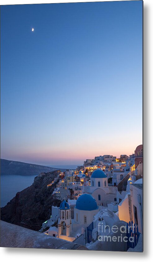 Santorini Metal Print featuring the photograph Sunset and moon over Oia - Santorini - Greece by Matteo Colombo