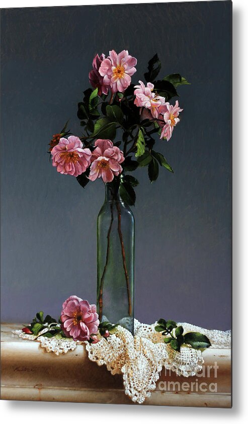 Pink Flowers Metal Print featuring the painting Wild Roses And Doily by Lawrence Preston