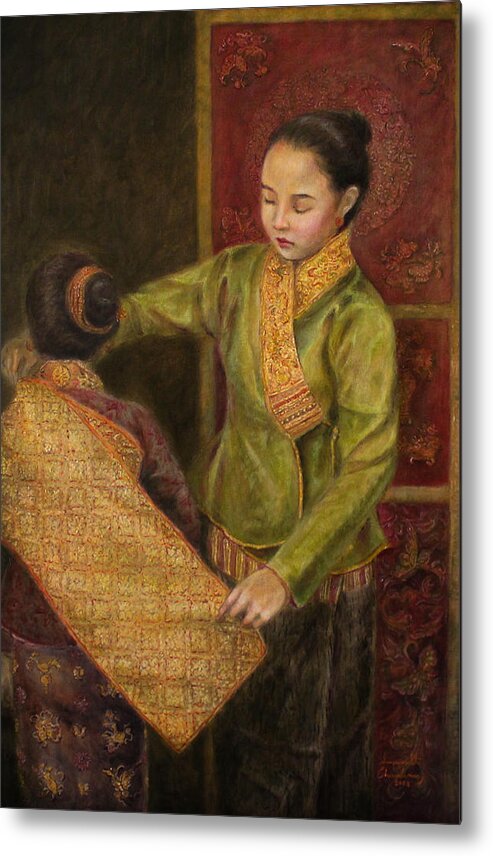 Lao Textile Metal Print featuring the painting The Gold Brocade by Sompaseuth Chounlamany