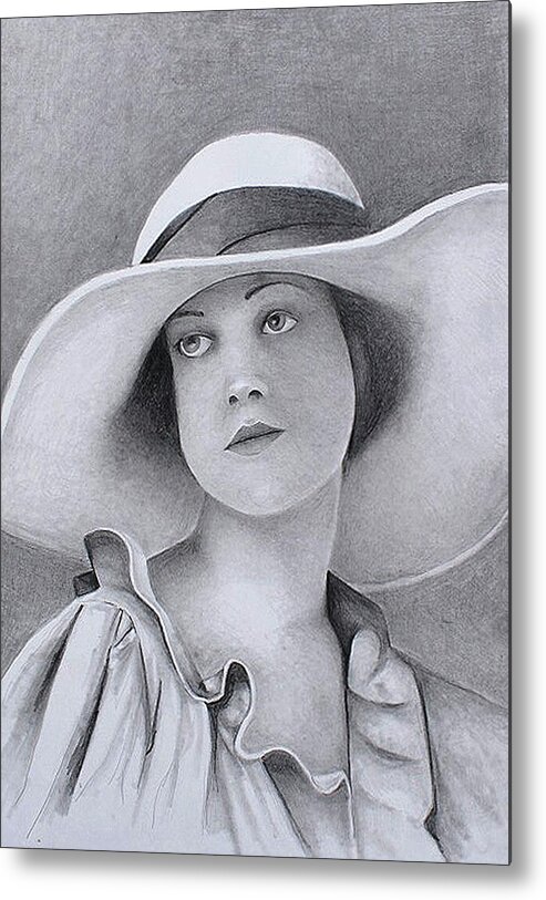 Woman Metal Print featuring the drawing Vintage woman in brim hat by Tim Ernst