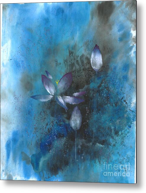 Purple Lotus Shine In The Darkness Of The Night.  This Is A Contemporary Chinese Ink And Color On Rice Paper Painting With Simple Zen Style Brush Strokes.  Metal Print featuring the painting Lotus in the Night by Mui-Joo Wee