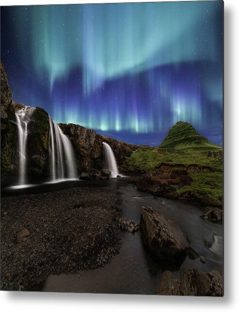 Iceland Metal Print featuring the photograph Northern Lights at Kirkjufellsfoss Waterfalls Iceland by Larry Marshall