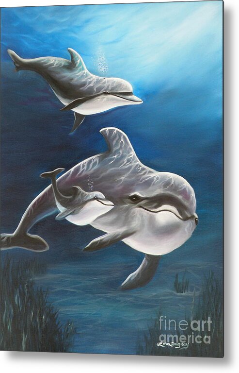 Dolphins Metal Print featuring the painting Clearwater Beach Dolphins by Lora Duguay
