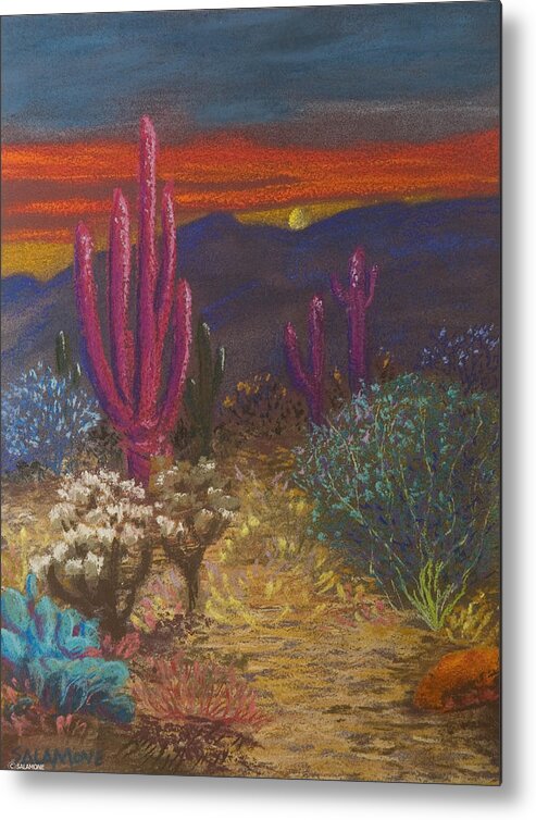 Saguaro Cactus Tucson Arizona Desert Catalina Mountains Landscape Sonora Nature Metal Print featuring the pastel Sonoran Sentinels by Brenda Salamone