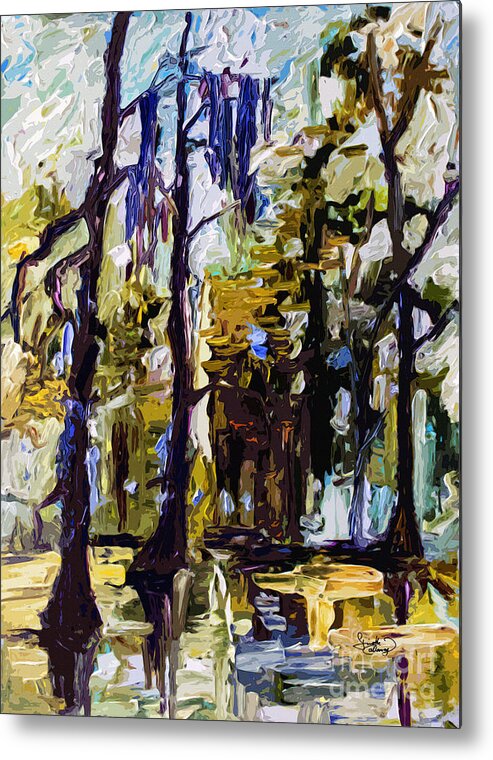 Abstract Metal Print featuring the painting Swamp Morning Cypress Trees by Ginette Callaway