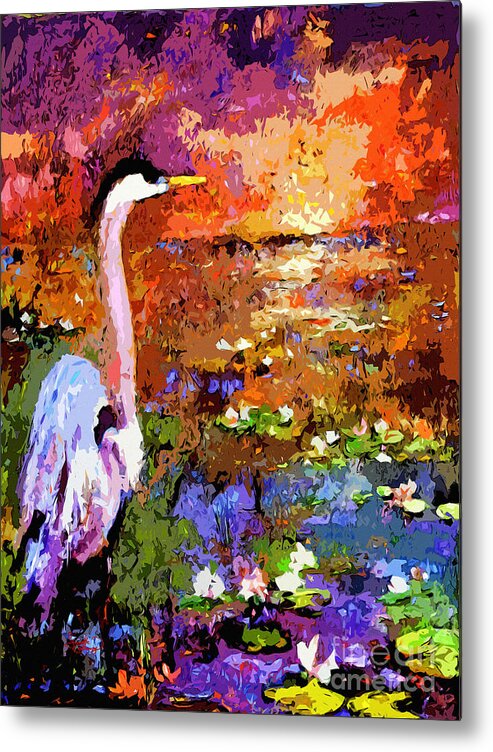 Blue Herons Metal Print featuring the painting Blue Heron Sunset Wetland by Ginette Callaway