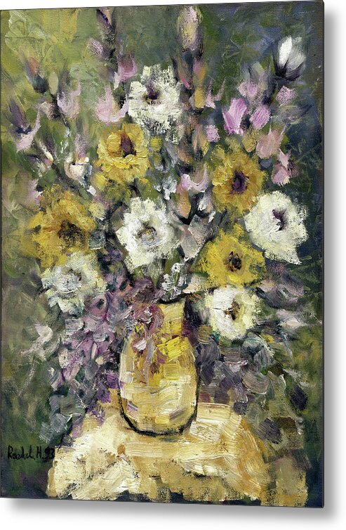 Impression Metal Print featuring the painting Impression of flowers bouquet yellow vase on white table purple flowers green background stained  by Rachel Hershkovitz
