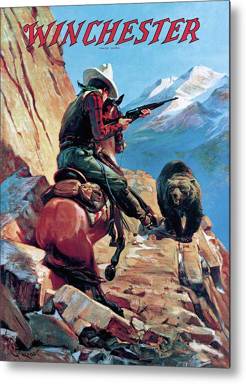 Outdoor Metal Print featuring the painting Horseman And Bear by H G Edwards