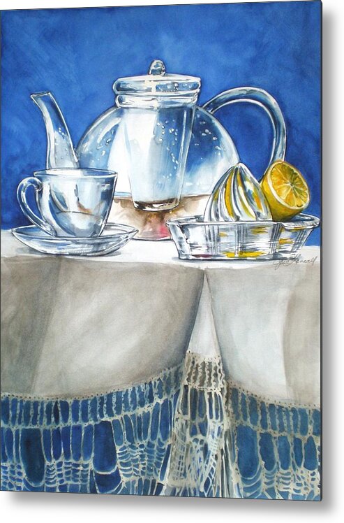 Watercolor Metal Print featuring the painting Lemon With Your Tea by Jane Loveall