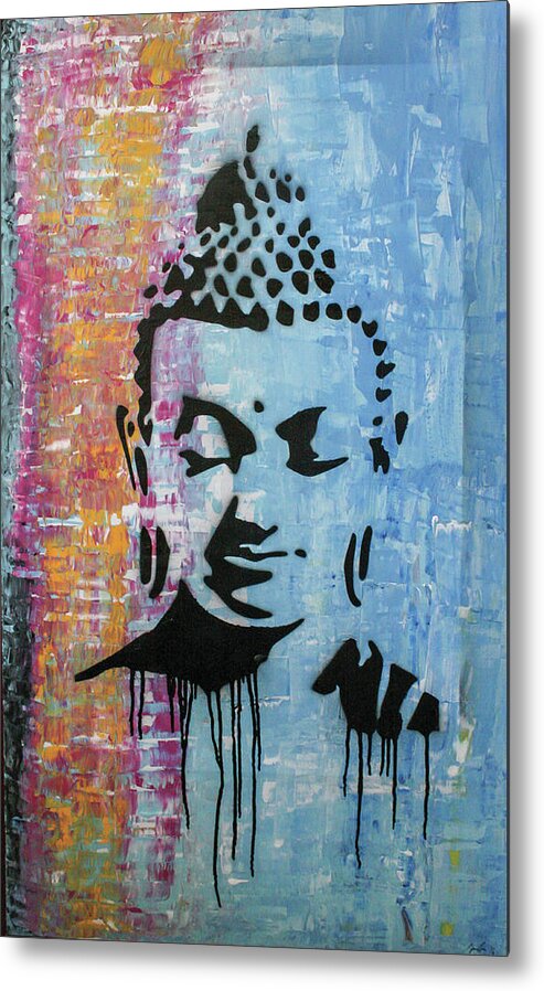 Buddha Inspired Acrylic Painting With Custom Designed Stencil Art Buddha Metal Print featuring the painting Be where you are by Jayime Jean