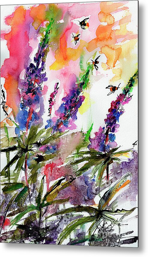 Flowers Metal Print featuring the painting Lupines and Bees Flower Watercolor by Ginette Callaway