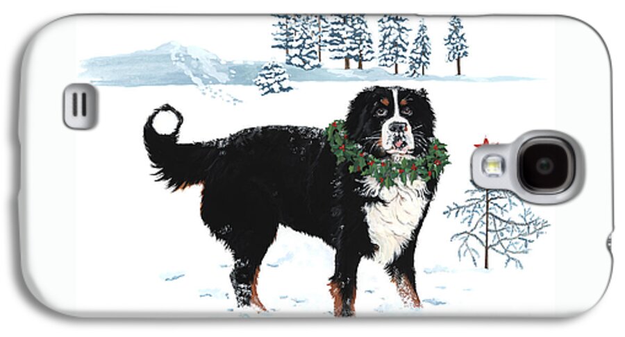 Merry Christmas Bernese Mountain Dog Sticking Out His Tonge Charley Brown Christmas Tree. Bah Humbug Who Cares Snow Wreath Star Lianeweyers Artist Painting Holly Tree #lianeweyers #bernesemountaindog #berner Galaxy S4 Case featuring the painting Bah Humbug Merry Christmas large by Liane Weyers