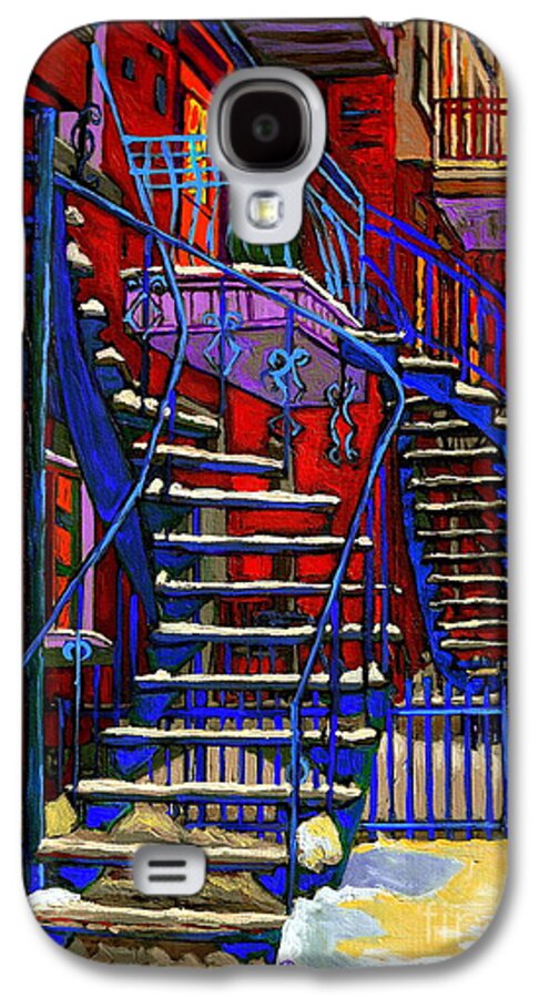 Montreal Galaxy S4 Case featuring the painting Classic Blue Winding Staircase Montreal Winter City Scene Painting By Carole Spandau by Carole Spandau