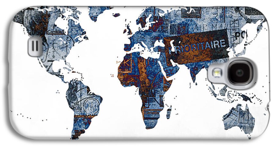 Map Galaxy S4 Case featuring the digital art World map post stamps grunge blueprint by Eti Reid