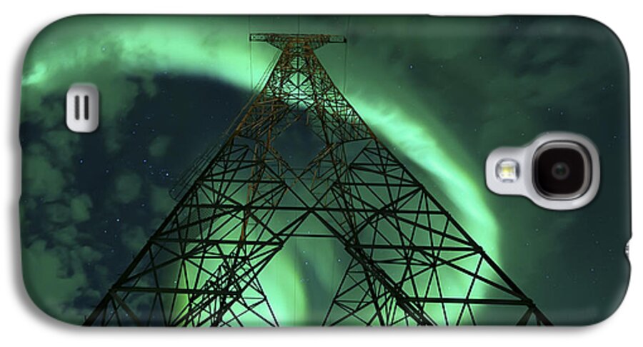 Green Galaxy S4 Case featuring the photograph Powerlines And Aurora Borealis #1 by Arild Heitmann