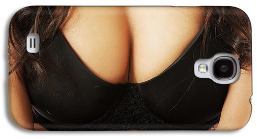 Female boobs in black bra #1 Round Beach Towel