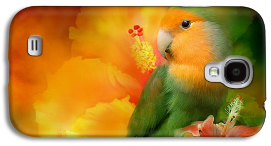 Lovebird Galaxy S4 Case featuring the mixed media Love Among The Hibiscus by Carol Cavalaris