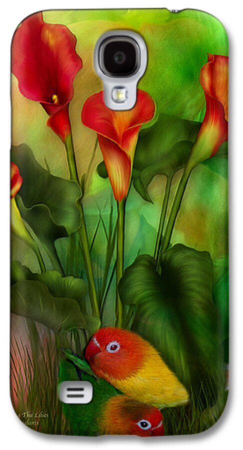 Lovebird Galaxy S4 Case featuring the mixed media Love Among The Lilies by Carol Cavalaris