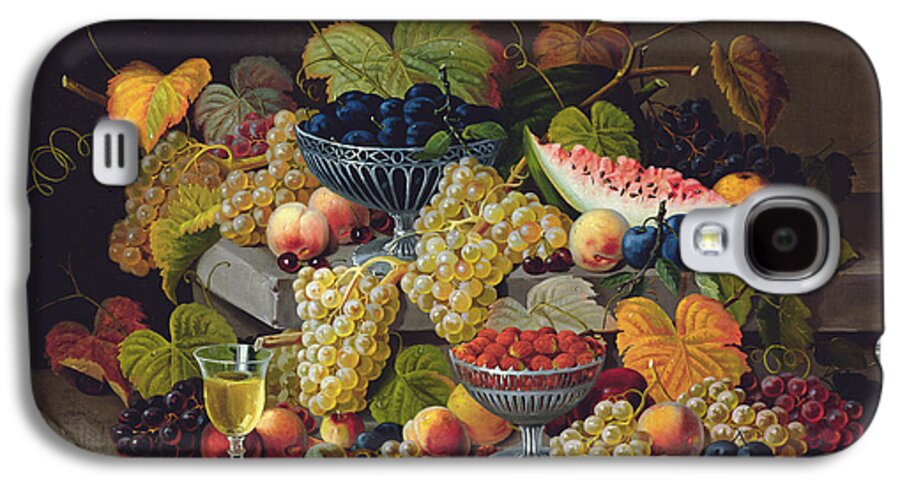 Fruit Galaxy S4 Case featuring the painting Still Life of Melon Plums Grapes Cherries Strawberries on Stone Ledge by Severin Roesen