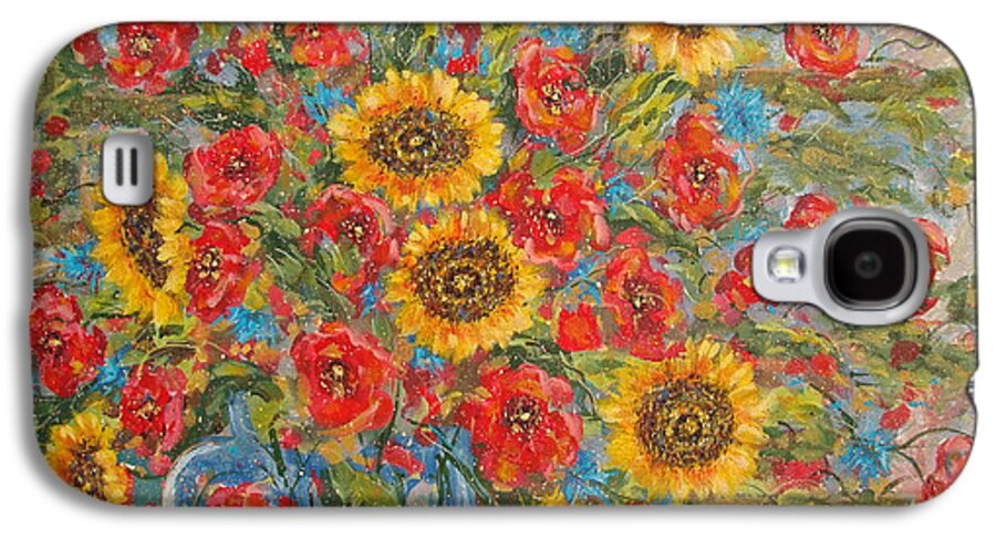 Sunflowers Galaxy S4 Case featuring the painting Sunflowers In Blue Pitcher. by Leonard Holland