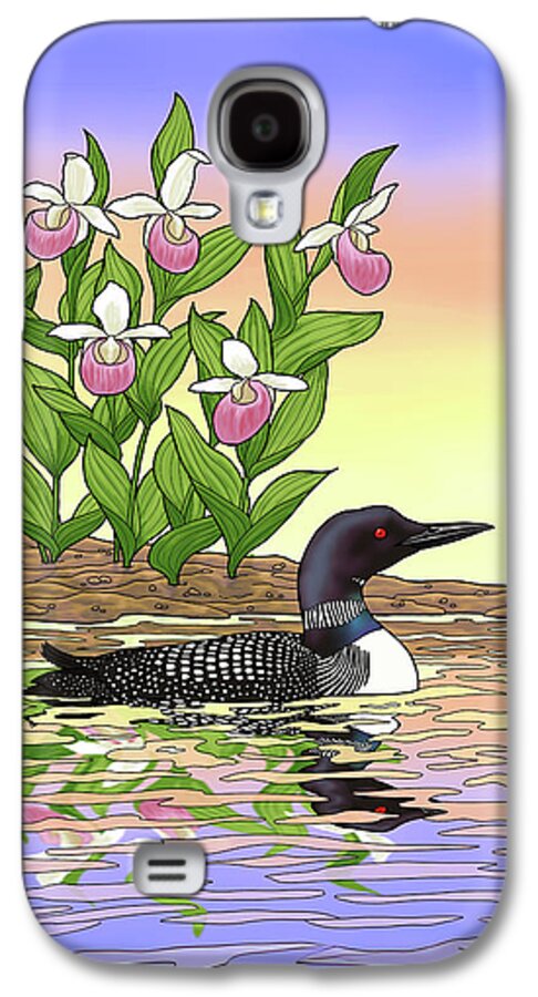 Bird Galaxy S4 Case featuring the painting Minnesota State Bird Loon and Flower Ladyslipper by Crista Forest