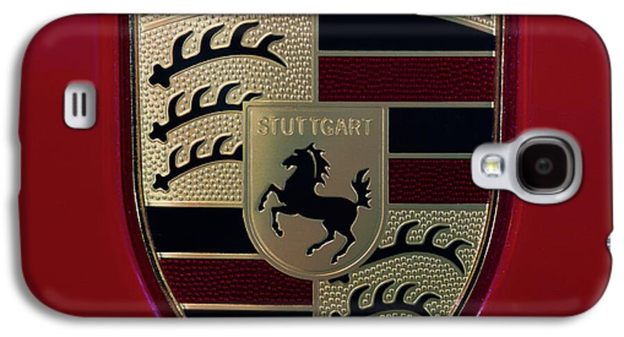 911 Galaxy S4 Case featuring the photograph Porsche Emblem on carmine red square by Sebastian Musial