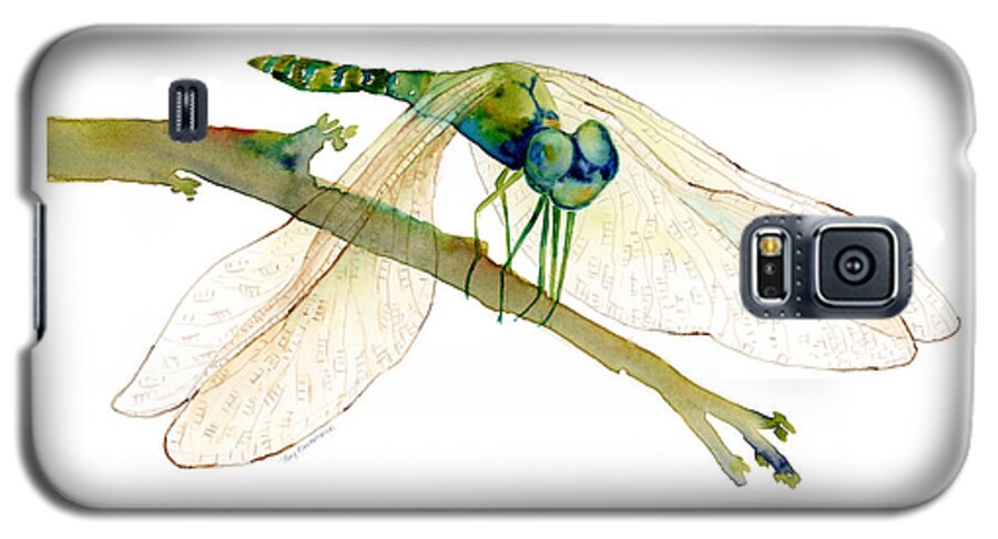 Blue Galaxy S5 Case featuring the painting Green Dragonfly #1 by Amy Kirkpatrick