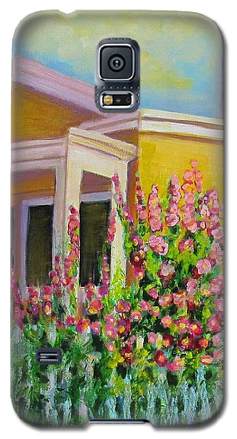 Hollyhock Galaxy S5 Case featuring the painting Hot Hollyhocks by Laurie Morgan