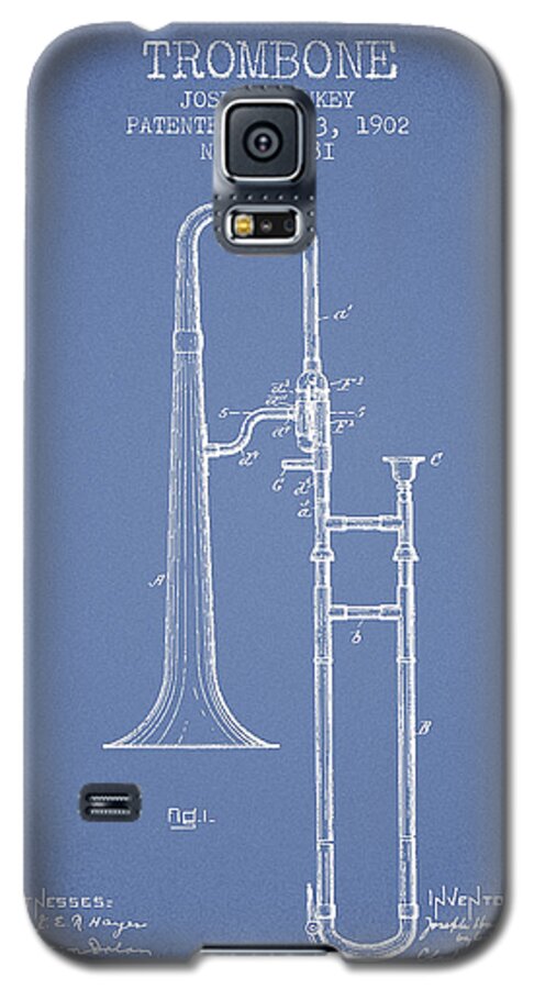 Trombone Galaxy S5 Case featuring the digital art Trombone Patent from 1902 - Light Blue by Aged Pixel