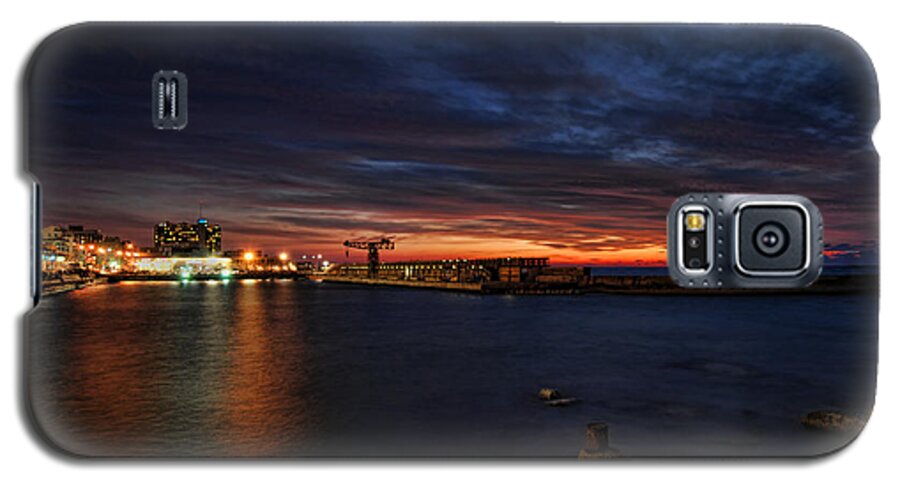 Israel Galaxy S5 Case featuring the photograph a flaming sunset at Tel Aviv port by Ron Shoshani