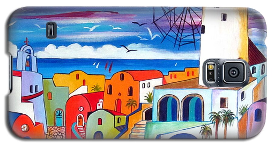 Greece Galaxy S5 Case featuring the painting A Greek Mill and the colors of Oia Santorini by Roberto Gagliardi