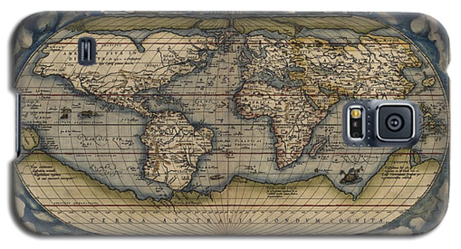 Map Galaxy S5 Case featuring the drawing Antique Map of the World by Abraham Ortelius - 1570 by Blue Monocle
