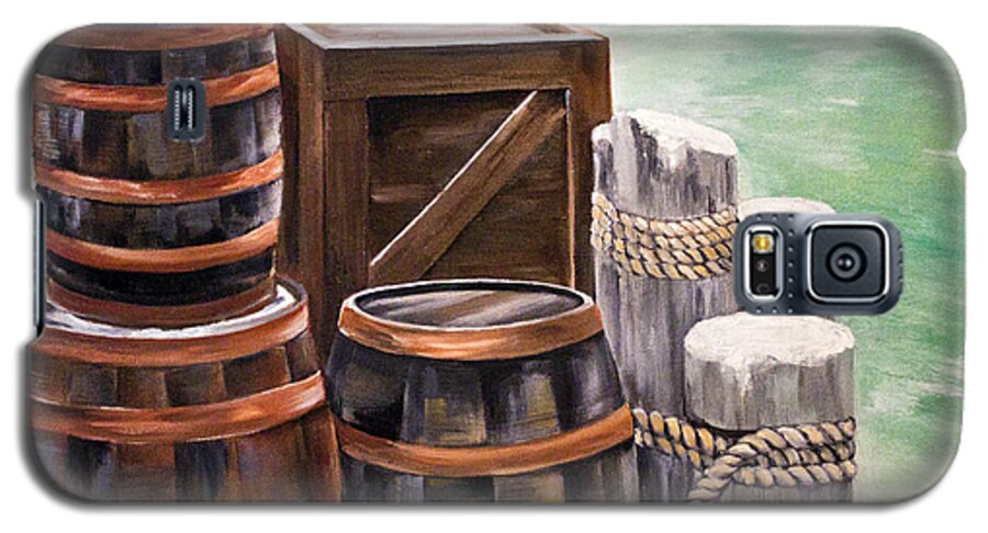 Water Scene Galaxy S5 Case featuring the painting Barrels on the Pier by Ellen Canfield