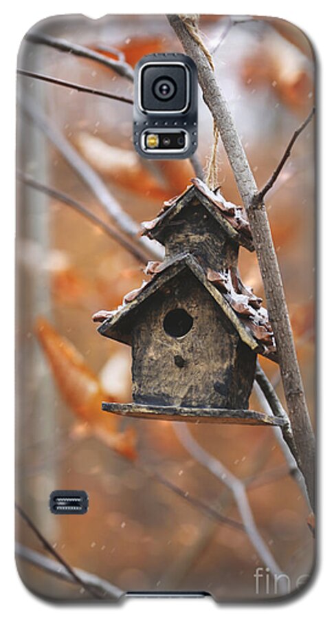 Antique Galaxy S5 Case featuring the photograph Birdhouse hanging on branch with leaves by Sandra Cunningham