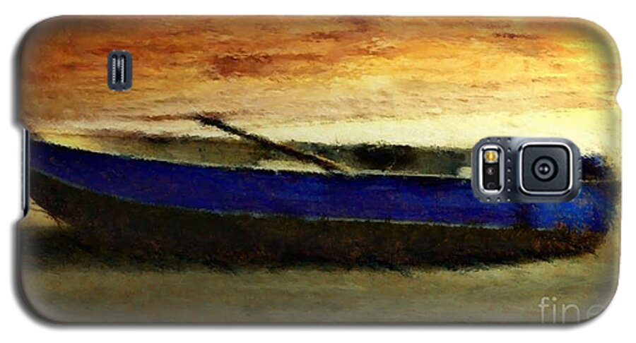 Painting Galaxy S5 Case featuring the painting Blue Boat at Sunset by Sandra Bauser