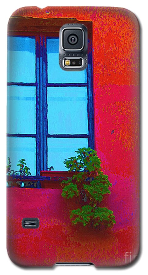 Window Galaxy S5 Case featuring the photograph Blue Window With Flowers by Ann Johndro-Collins