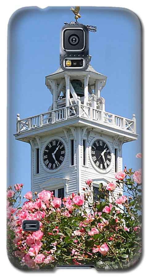 Clock Galaxy S5 Case featuring the photograph Clock Tower and Roses by William Selander