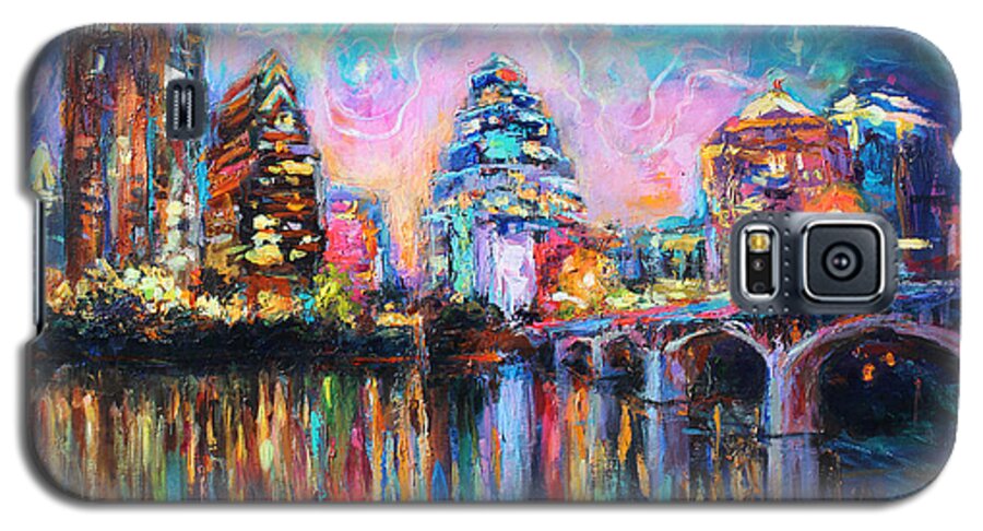 Downtown Austin Art Galaxy S5 Case featuring the painting Contemporary Downtown Austin Art painting Night Skyline Cityscape painting Texas by Svetlana Novikova