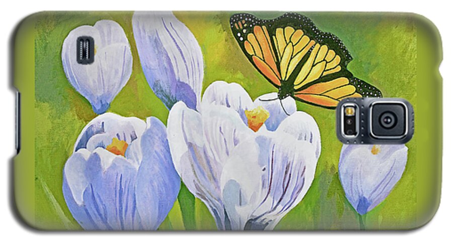 Monarch Galaxy S5 Case featuring the painting Crocus and Monarch Butterfly by Susan McNally