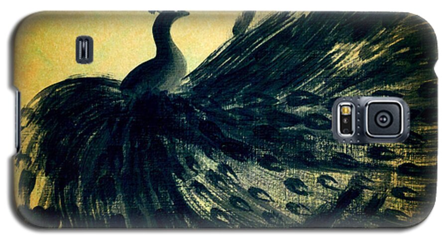 Black Bird Galaxy S5 Case featuring the painting DANCING PEACOCK gold by Anita Lewis