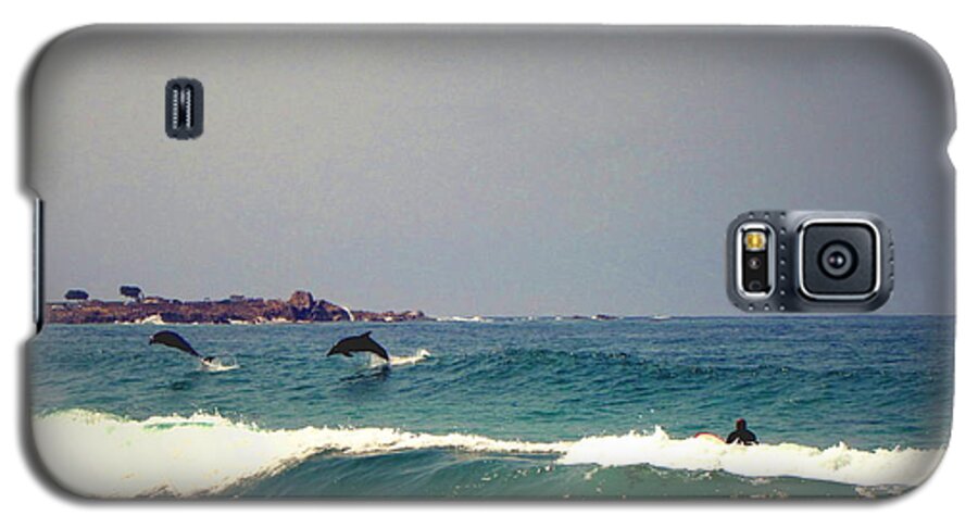 Dolphins Galaxy S5 Case featuring the photograph Dolphins Swimming With The Surfers At Asilomar State Beach by Joyce Dickens