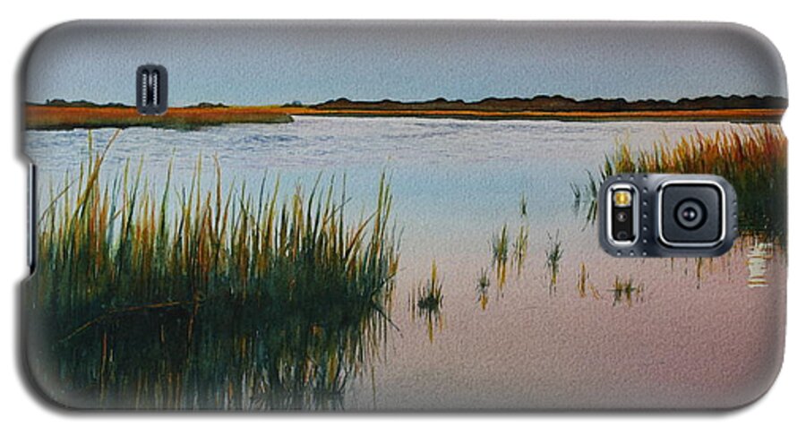 Muted Dusty Rose And Blues In A Carolina Water Scene.the Full Moon Can Be Seen Rising In The Distance Galaxy S5 Case featuring the painting Dusk by Brenda Beck Fisher