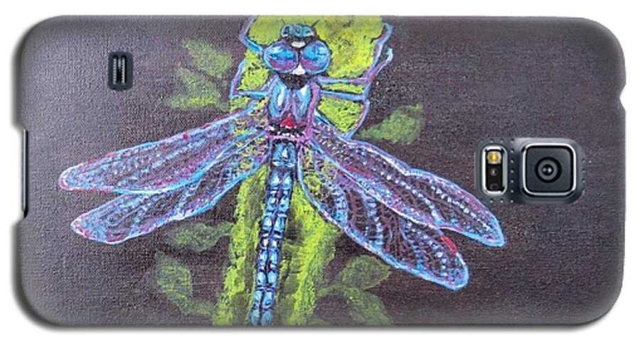 Nature Scene Blue Dragonfly Chartreuse Bamboo Tree Limb Black Background  Galaxy S5 Case featuring the painting Electrified Blue Dragonfly by Kimberlee Baxter