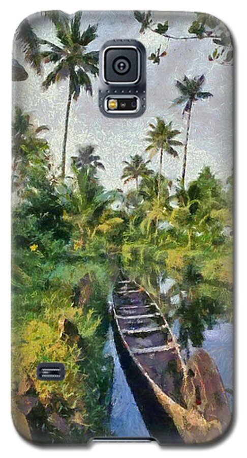 India; Kerala; Boat; River; Canal; Backwaters; Water; Asia; East; Eastern; Holidays; Vacation; Travel; Trip; Voyage; Journey; Tourism; Touristic; Canoe Galaxy S5 Case featuring the painting In the backwaters of Kerala by George Atsametakis