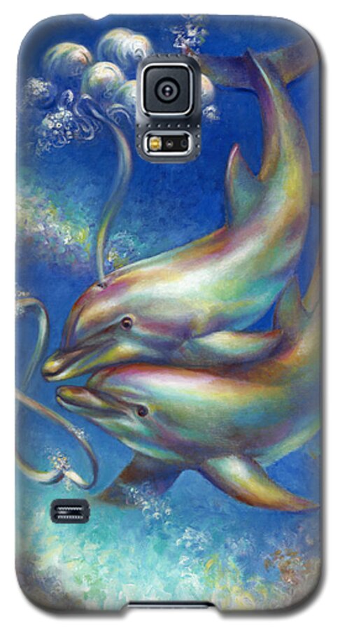 Dolphin Galaxy S5 Case featuring the painting Infinity- Bottlenose Dolphins at Play by Nancy Tilles