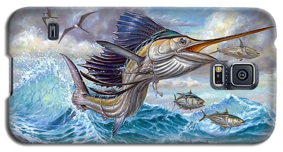 Sailfish Small Tuna Galaxy S5 Case featuring the painting Jumping Sailfish And Small Fish by Terry Fox