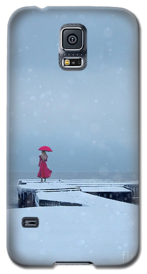 Lady Galaxy S5 Case featuring the photograph Lady in Red on Snowy Pier by Jill Battaglia
