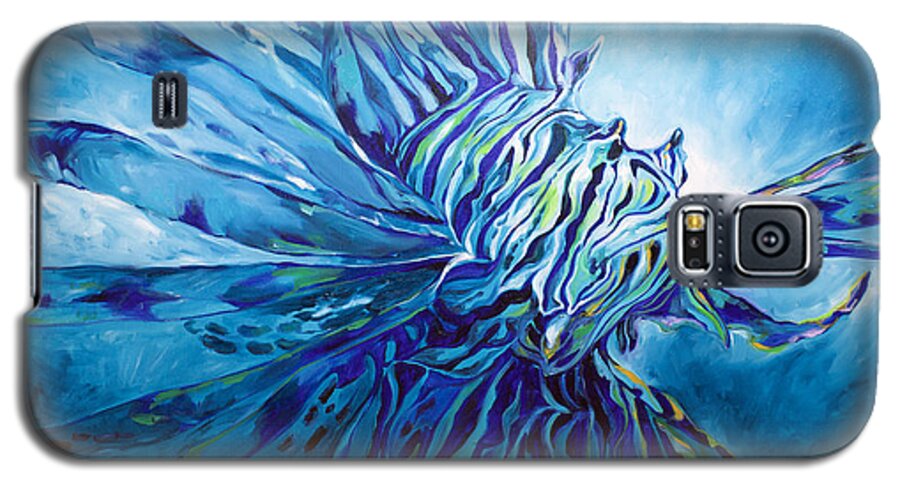 Fish Galaxy S5 Case featuring the painting Lionfish Abstract Blue by Marcia Baldwin